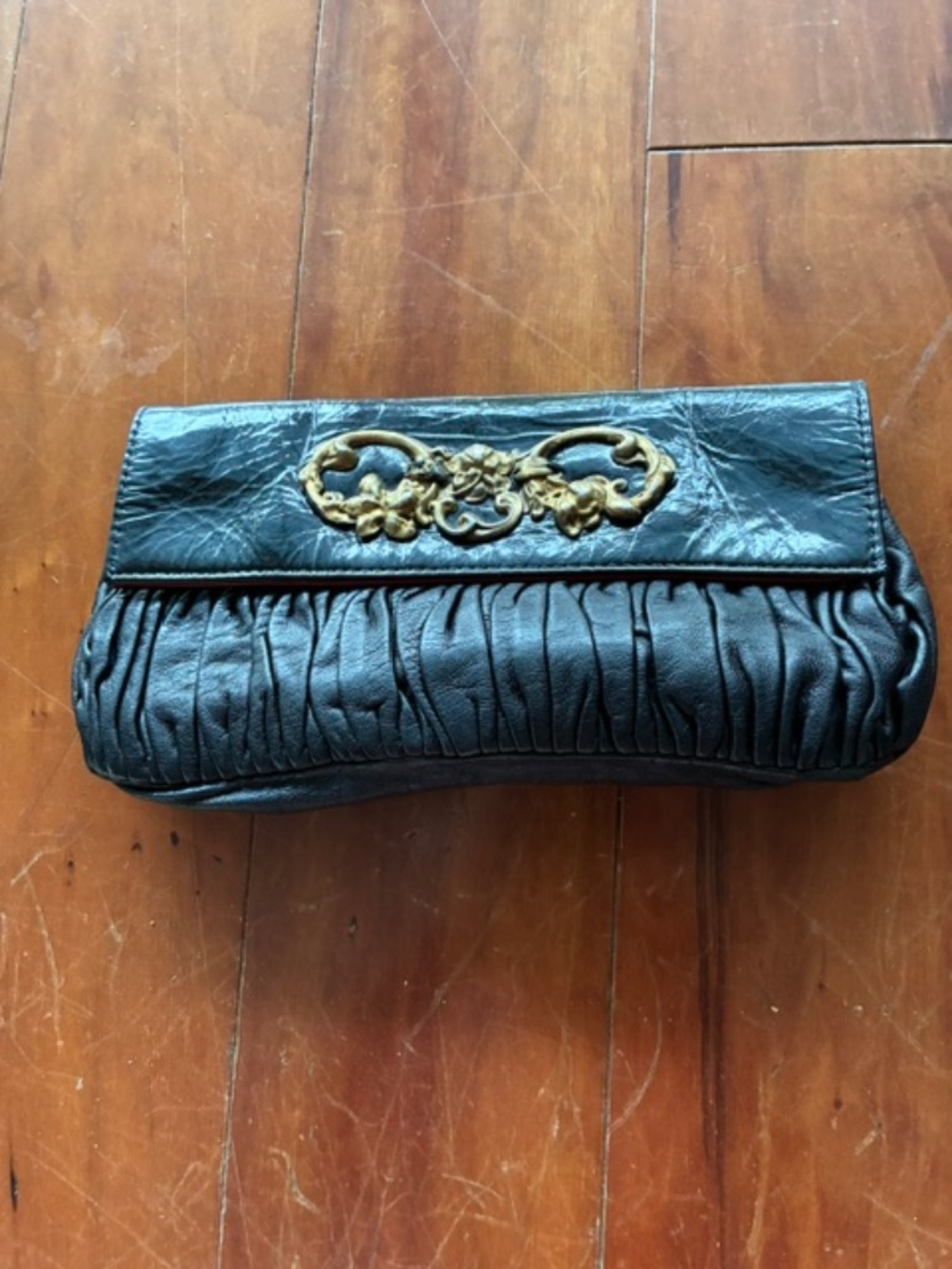 MORGAN OAKLEY BLACK RUCHED LEATHER CLUTCH